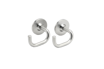 Two metallic modern wall hooks for hanging objects on a neutral surface minimal design