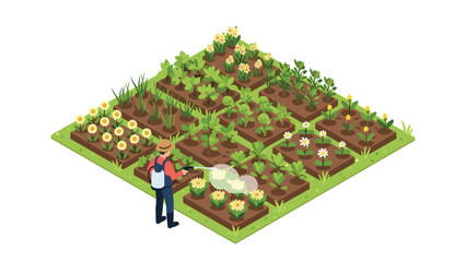 Isometric illustration of a farmer diligently spraying rows of vibrant plants and flowers in a large, well-organized garden, symbolizing agricultural pest control and plant cultivation.