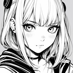 Coloring picture of a young woman black and white line drawing anime.