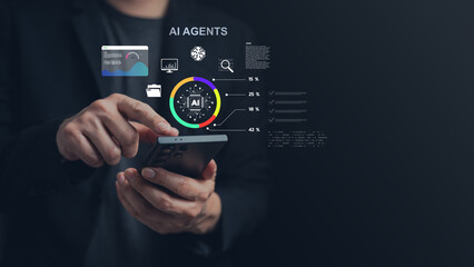 AI agents dashboard concept showing person using smartphone with analytics charts, data panel, AI interface, representing automation, smart decision making, real time business insight.