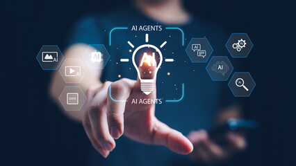 AI agents innovation concept with finger touch glowing light bulb icon on virtual interface, surrounded by artificial intelligence symbol, data element, automation tool for creative problem solving.