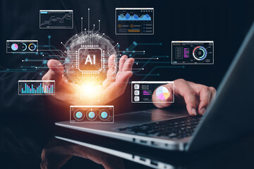 Business professional using laptop while presenting glowing AI core with analytics dashboards, artificial intelligence, data analysis, digital transformation, smart systems, innovation concept.