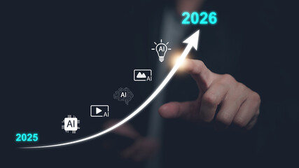 Human hand touch glowing upward curve with AI icons from 2025 to 2026, artificial intelligence growth, future technology progress, business innovation, digital transformation, strategic advancement.