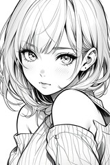 Coloring picture of a young woman black and white line drawing anime.