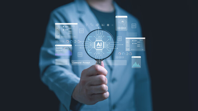 AI agents concept with business professional hold magnifying glass over digital interface, visualizing artificial intelligence, data analysis, command prompt, automated system smart business solution. - Powered by Adobe