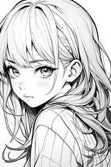 Coloring picture of a young woman black and white line drawing anime.