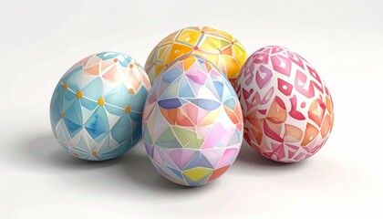 Seven decorated eggs with geometric folk patterns in vibrant colors on textured surface, earthy background.