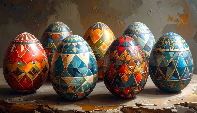 Seven decorated eggs with geometric folk patterns in vibrant colors on textured surface, earthy background. - Powered by Adobe