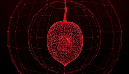 Futuristic wireframe bladder in red tones inside spherical grid, glowing nodes and dark digital background.