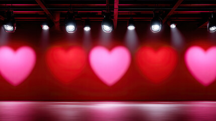 Minimal blush Valentine backdrop with soft spotlight, glowing pink heart shapes, romantic mood, modern stage, blurred background, festive lighting, love celebration