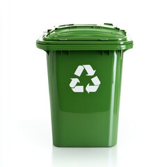 A glossy green recycle trash bin centered on a bright white backdrop, perfectly lit with soft reflections. 