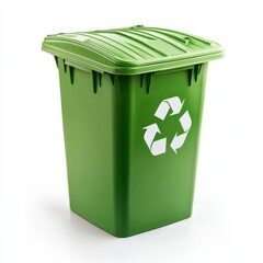 A sturdy green recycle bin positioned against a clean white background with crisp, balanced lighting. 