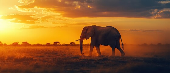 African elephant silhouette standing proudly in a vast savannah during a fiery sunset. 