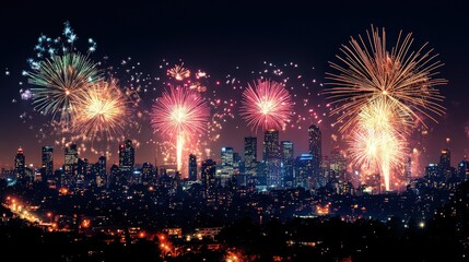 City skyline at night filled with spectacular New Year fireworks, crowds cheering and celebrating in silhouettes, 