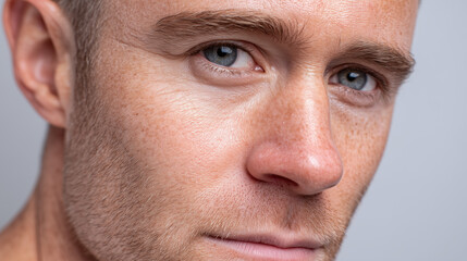 Obraz premium Close up of hydrated male face with fine micro shimmer and bright grey eyes showing natural skin texture and light facial hair