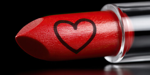 Red lipstick with black heart symbol on surface, close up, shiny texture, romantic and bold, beauty product, makeup accessory, love and passion concept