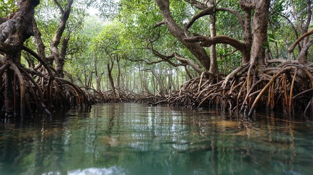 Dense mangrove forest with roots submerged in shallow tidal waters on World Wetlands Day