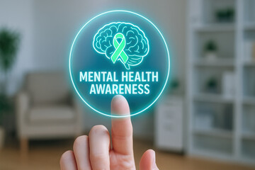 Mental health awareness concept with green ribbon and brain icon, finger touching virtual interface, promoting emotional well being and support in modern home office