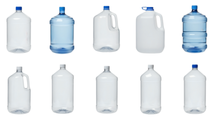 Assortment of clear plastic water jugs, some filled, various shapes and sizes, isolated against black