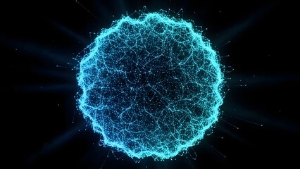 A vibrant and complex network of glowing blue particles forming the shape of a human brain against a dark background