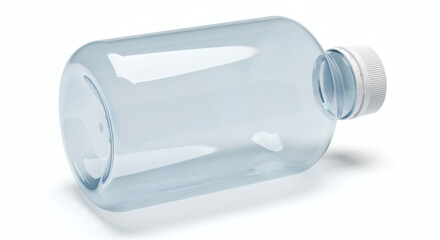 Clear plastic container with a white cap, lying on its side. It's empty, and the lighting highlights its smooth, transparent surface