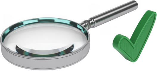 Silver Magnifying Glass and Green Checkmark isolated on a transparent background