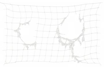 Damaged net with ripped holes, an old torn mesh grid representing failure, broken goals, and losing concepts