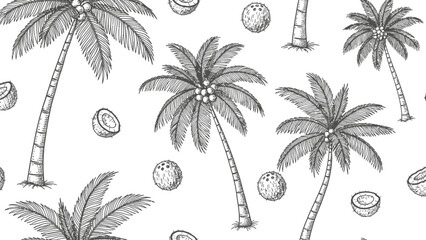 Seamless Black and White Tropical Palm Tree and Coconut Pattern