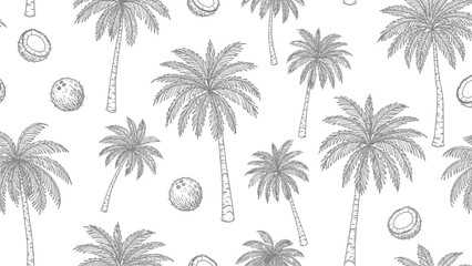 Seamless Black and White Tropical Palm Tree and Coconut Pattern