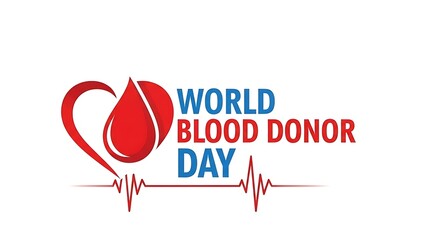 World blood donor day celebration graphic with heart and blood drop symbol and ecg line