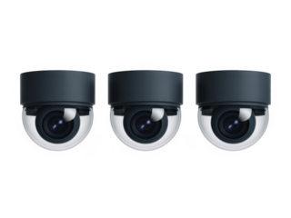 Three black and white security cameras surveillance cameras isolated on a transparent background