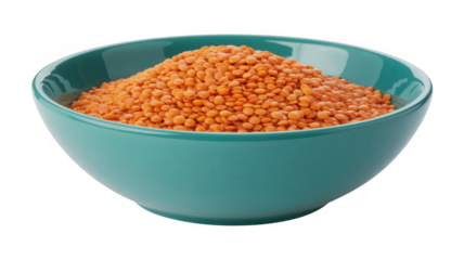 Teal bowl filled with orange lentils food ingredients isolated on a transparent background