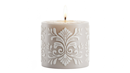 White candle with flame and decorative cutouts ornate isolated on a transparent background
