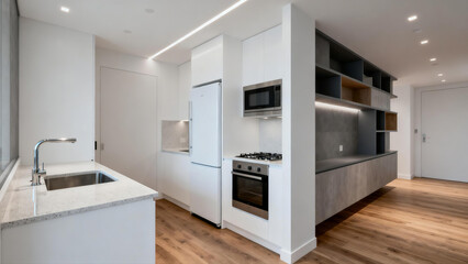 Fototapeta premium Modern minimalist kitchen, gray-white color scheme