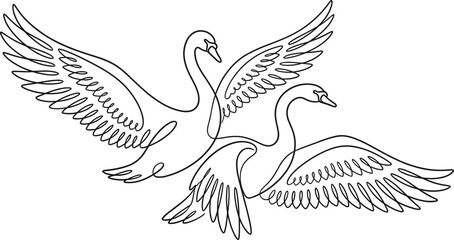Continuous one line drawing of two elegant swans flying with open wings representing grace purity and eternal love in minimalist vector © Itz Joydip