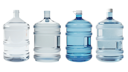 Four transparent water containers of varying shades of blue against a clean black background, showing the texture and handle