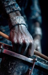 Glittery Drummer Hand Holding Drumstick on Snare Drum