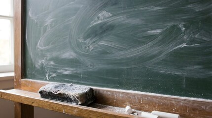 Old green chalkboard texture background with white chalk dust and dirty sponge eraser,empty education board surface with copy space for text,school classroom teaching equipment concept.