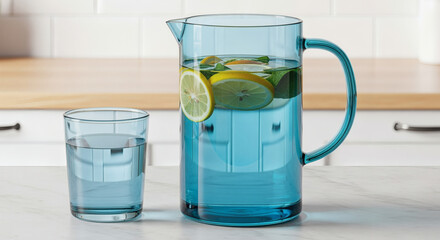 Refreshing view a glass and a pitcher filled with water, ice, lemon slices, and herbs, set on a bright countertop