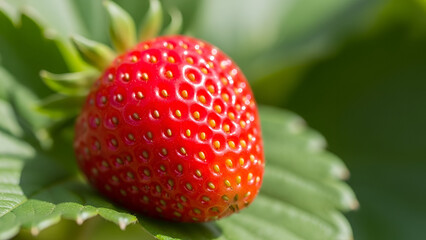 Close-up of ripe strawberry on plant leaf highlighting vibrant red color and details