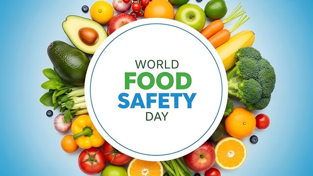 World food safety day concept with fresh fruits and vegetables surrounding a central text message on a light blue gradient background - Powered by Adobe