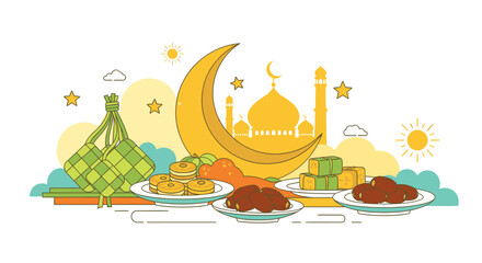 Ramadan Feast Crescent Moon Mosque and Traditional Treats.