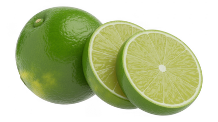 Whole and sliced green limes fruit citrus isolated on a transparent background