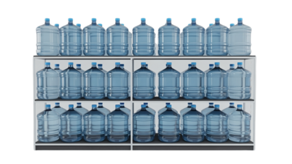 Numerous large, transparent, blue water bottles, organized neatly on three shelves in a horizontal arrangement. Bottled liquid for hydration
