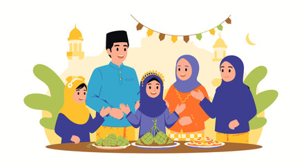 Muslim Family Celebrating Eid alFitr with Traditional Food.