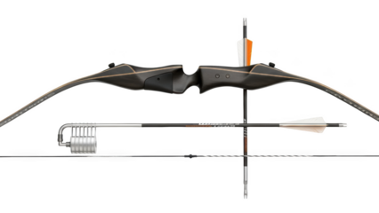 Dark wood recurve bow with two arrows and arrow rest on black background archery sport