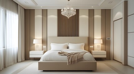 Modern Luxury Bedroom Design with Crystal Chandelier and Neutral Tones