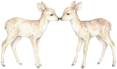 Dreamy Watercolor Illustration of Two Baby Deer in Pastel Tones
