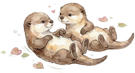 Adorable Baby Otters Floating Together in Soft Watercolor Illustration
