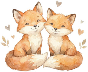 Adorable Baby Foxes Sitting Together in Soft Watercolor Style
